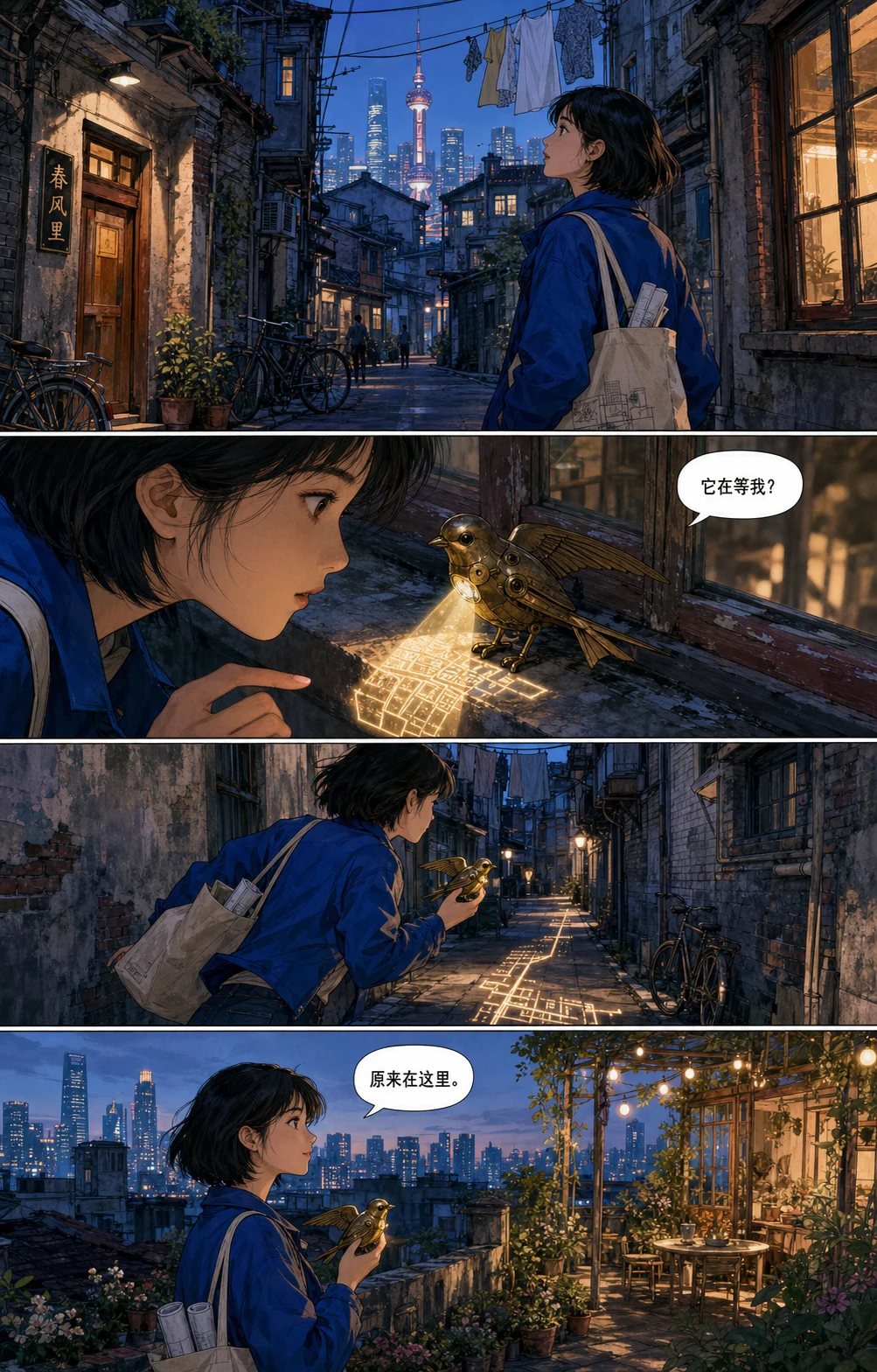 上海弄堂里年轻建筑师跟随机械燕子找到屋顶花园的四格彩色漫画
