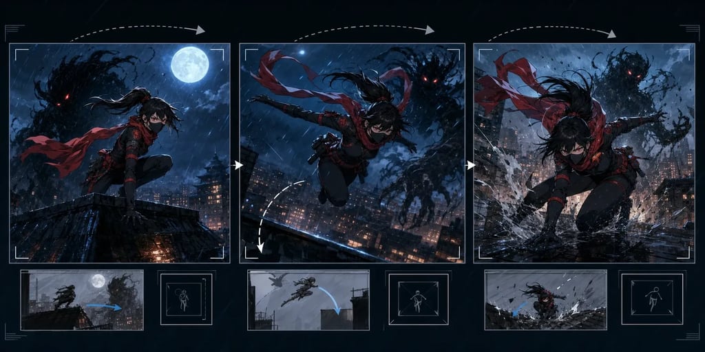 Animation keyframe board for a manga rooftop action sequence