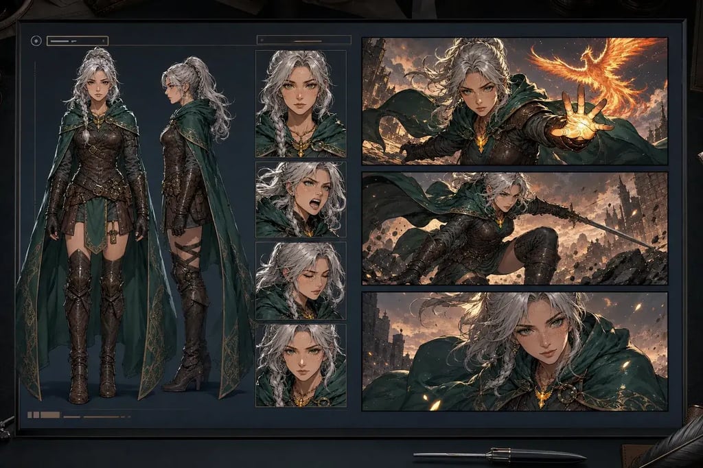Character continuity board with consistent heroine design and comic panels