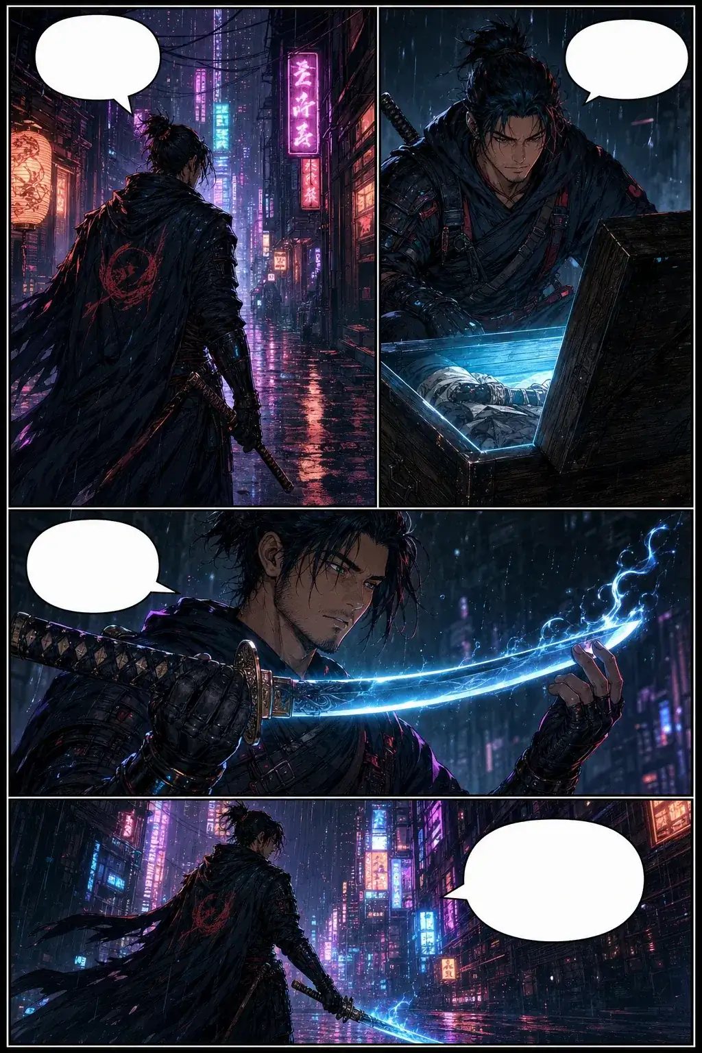 Finished cyberpunk samurai comic page generated for Comic Agent Gallery