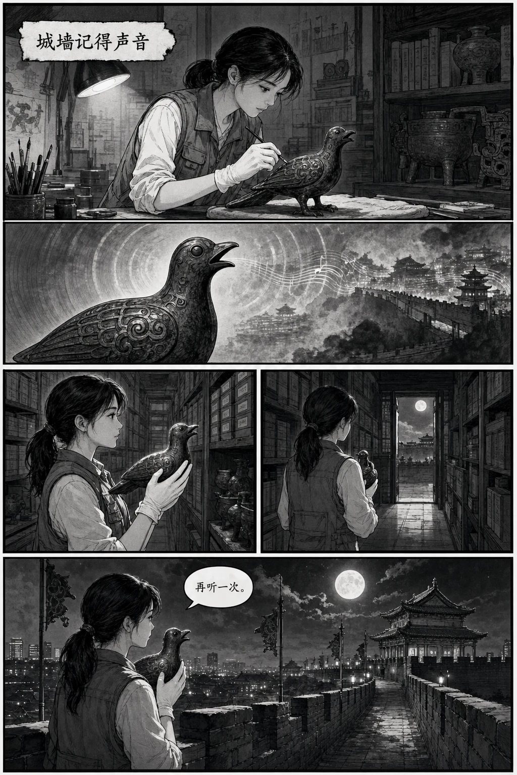 西安文物修复师与青铜鸟在月夜城墙上的黑白漫画页