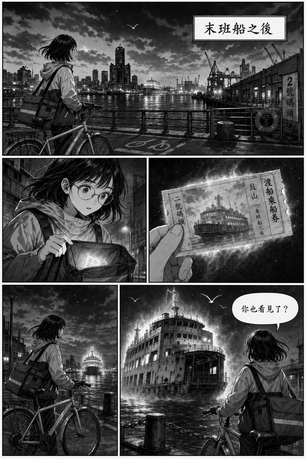 高雄港單車快遞員看見幽靈渡輪的繁體中文黑白漫畫頁