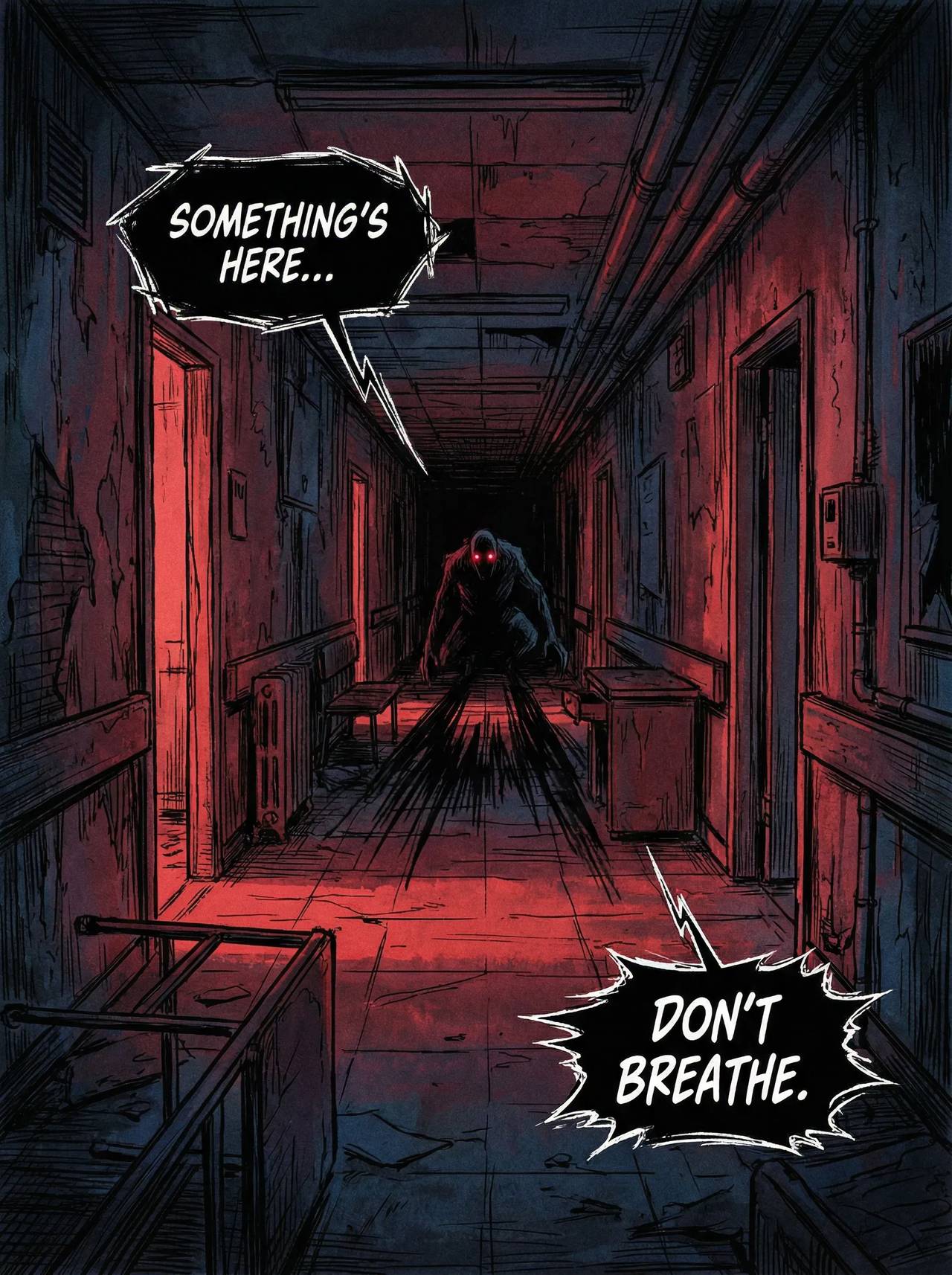 Dark manhwa thriller panel for suspense, horror, and shadow-heavy vertical episodes.