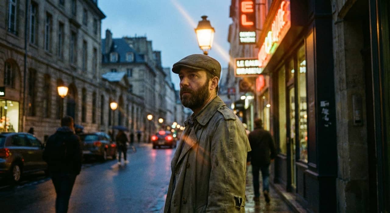 Cinematic street photo with dramatic lighting and soft bokeh
