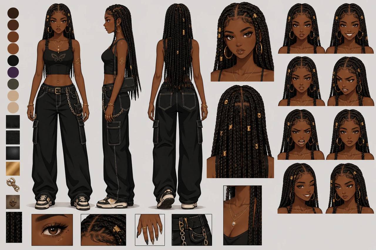 OC של בת אנימה שחורה עם צמות box braids ומחקר הבעות