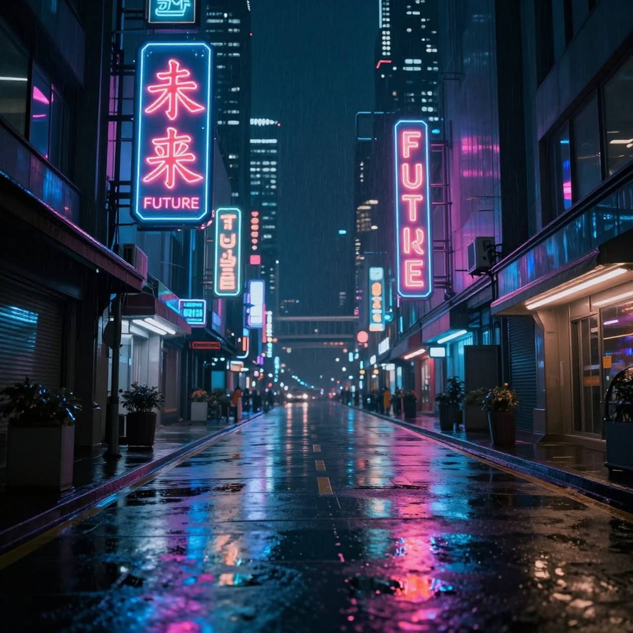 Cyberpunk scene demonstrating bilingual (Chinese/English) text capabilities