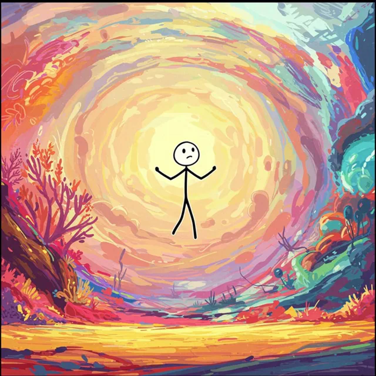 Imagination beat: a simple line character enters a larger dream world, adding contrast to the minimalist style.