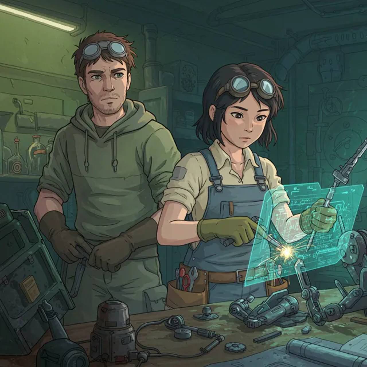 Eri assembles the purification device while Noah ensures safety protocols.