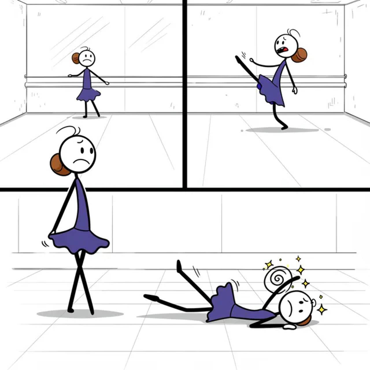 Movement beat: a dance attempt shows action clearly through simple body language.