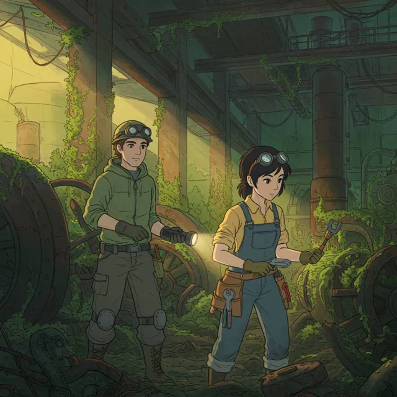 Noah and Eri search for rare components amidst the ruins.