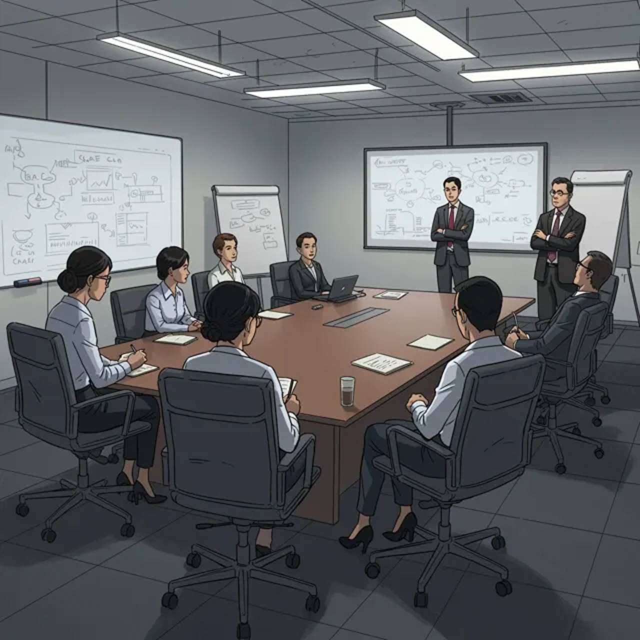 The boss notices Monicha’s laughter and interrupts the meeting.
