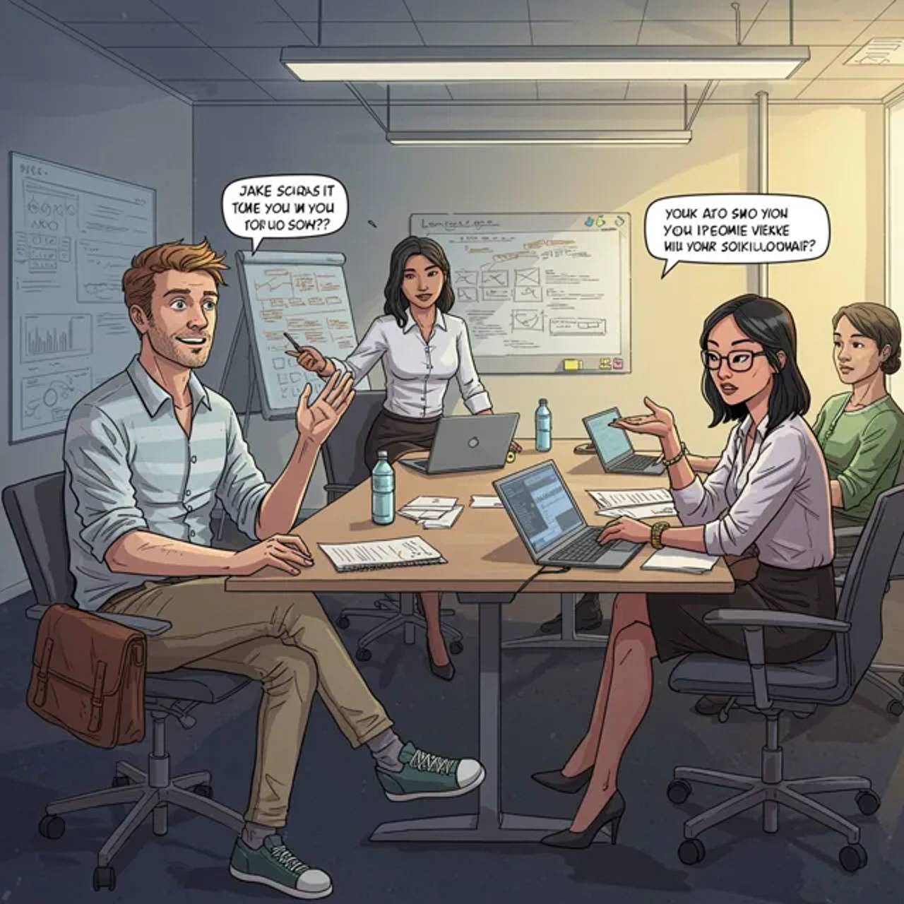 The meeting resumes, but the office atmosphere becomes noticeably lighter.