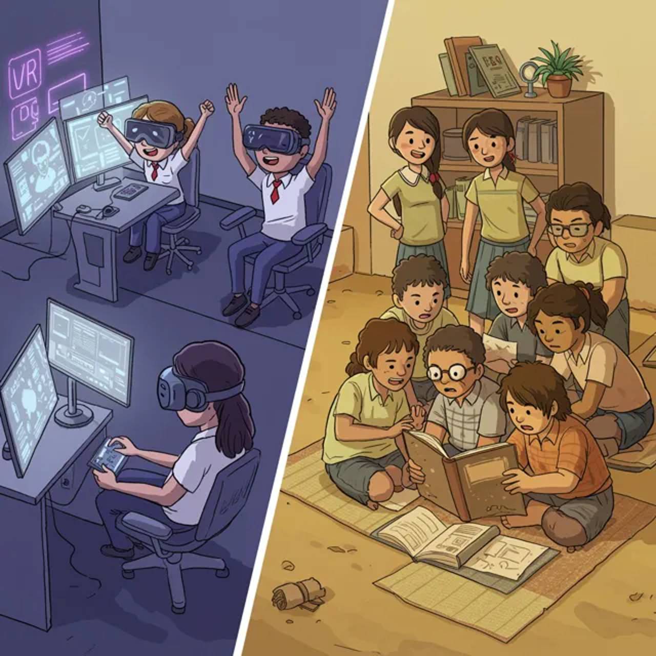 A split-screen showcasing technological divide in educational settings.
