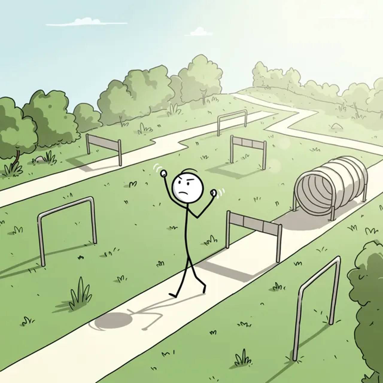 Challenge sequence: an obstacle course shows how stick figures can explain steps and consequences.