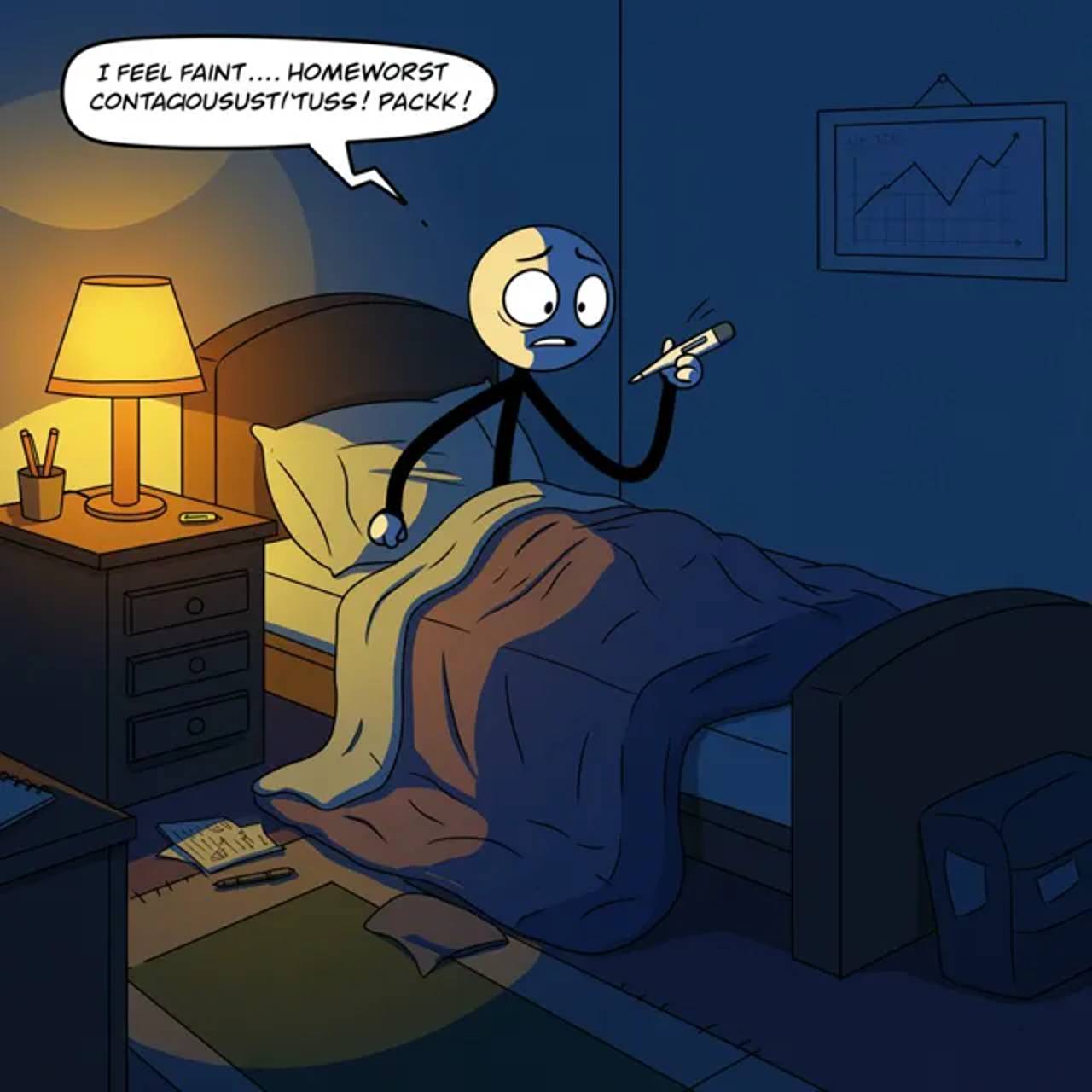 Cause-and-effect panel: a fake sick day becomes a funny sequence students can understand quickly.