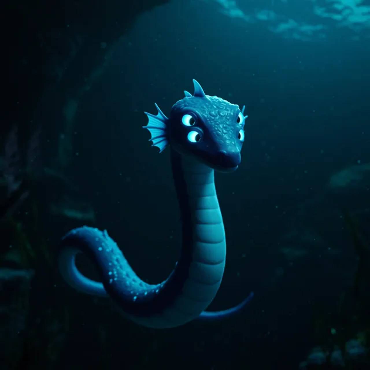 The protagonist swims through an underwater trench as glowing eyes appear in the darkness.