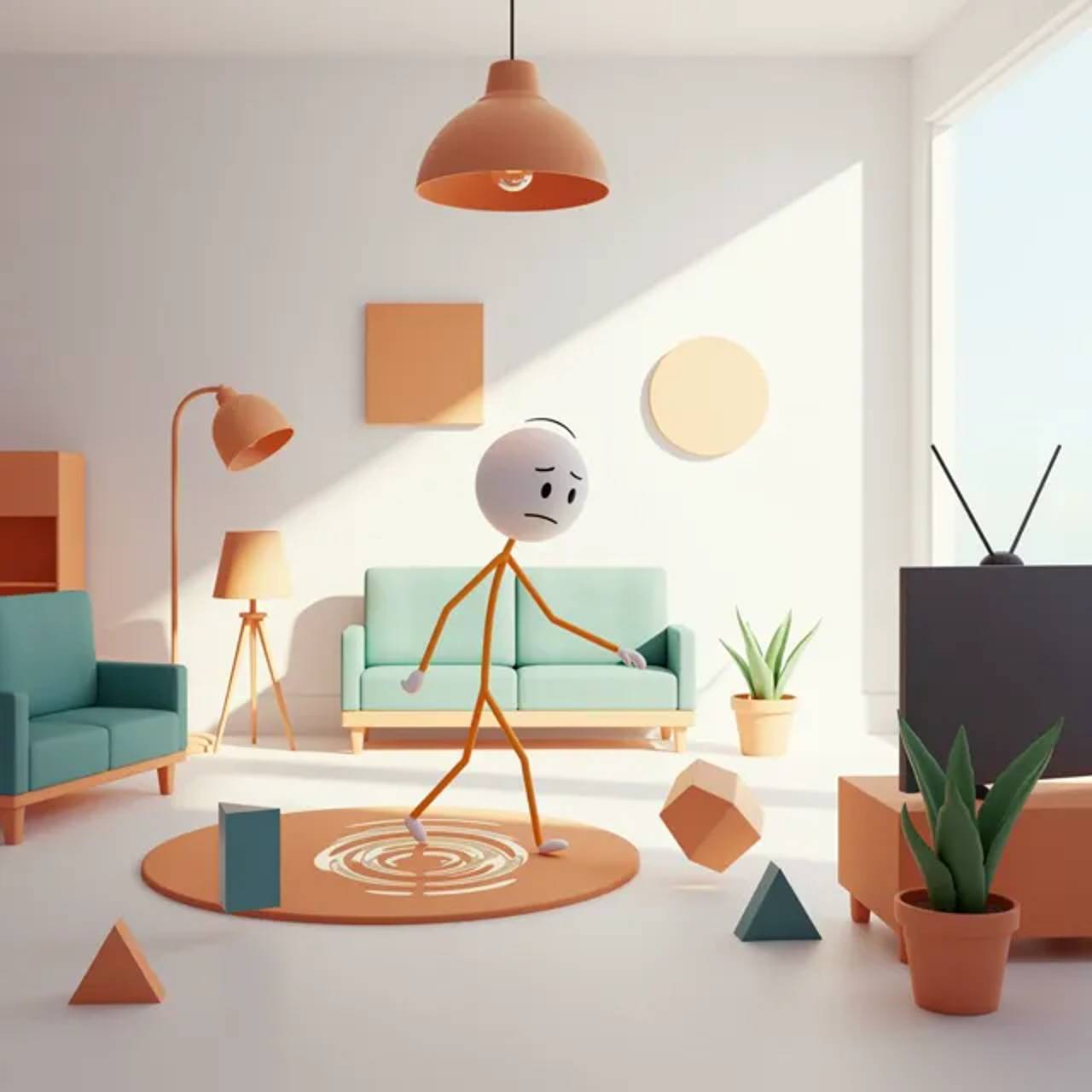 Exploration beat: the figure interacts with basic shapes, making sequence and discovery easy to read.