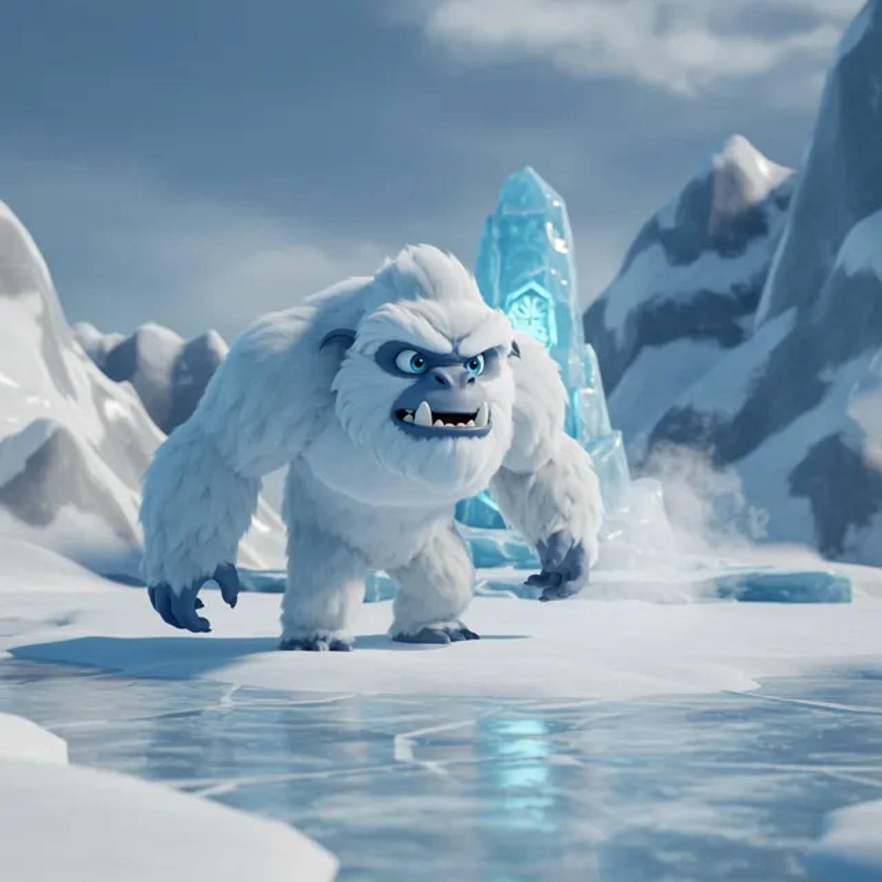 The Frostfang Yeti stands atop an icy hill, roaring as the cold wind bites.