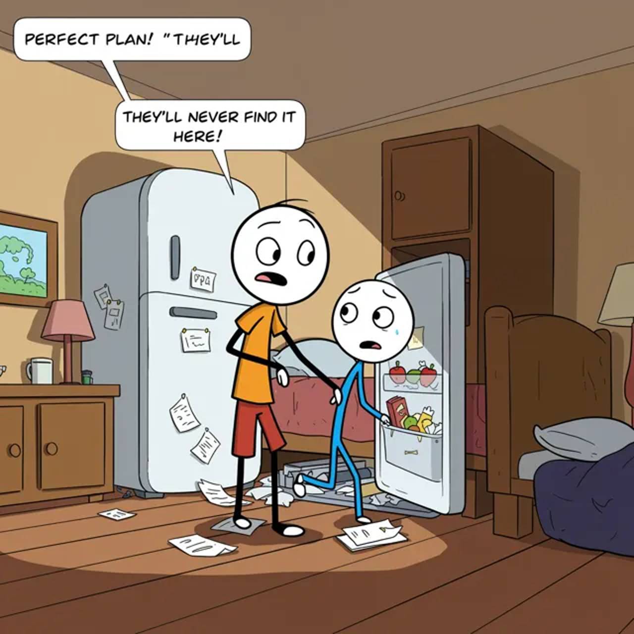 Visual joke beat: the character tries to hide the homework, making the consequence clear without long narration.