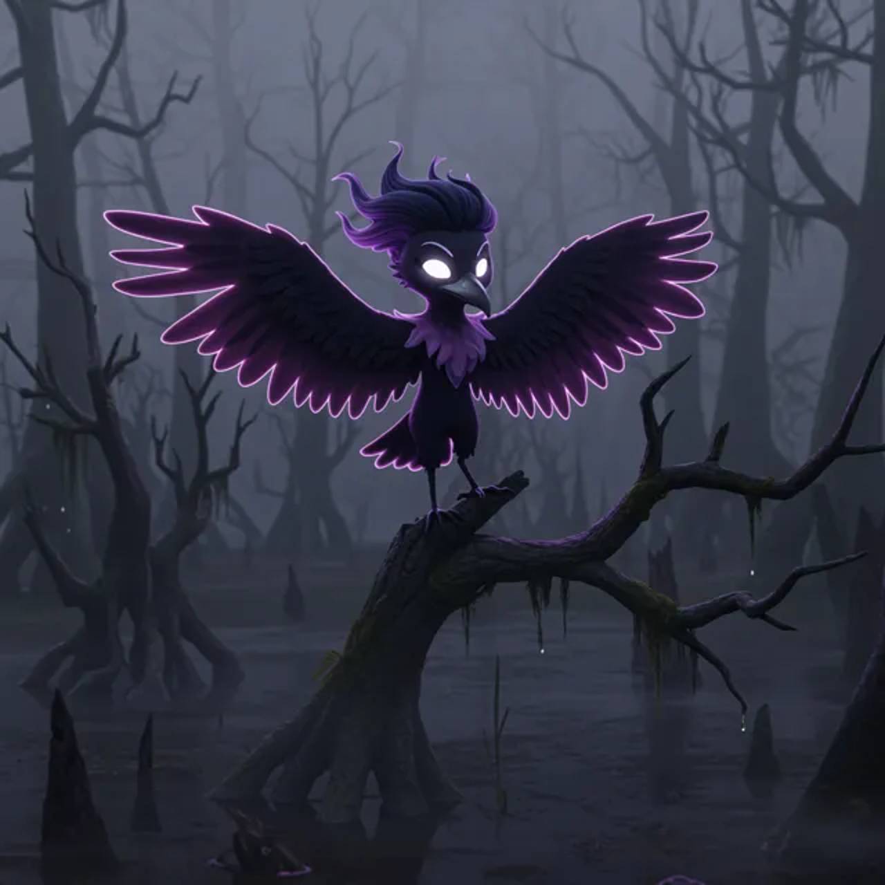 Amid ghostly fog, the protagonist encounters Mistcrow perched ominously on a dead tree.