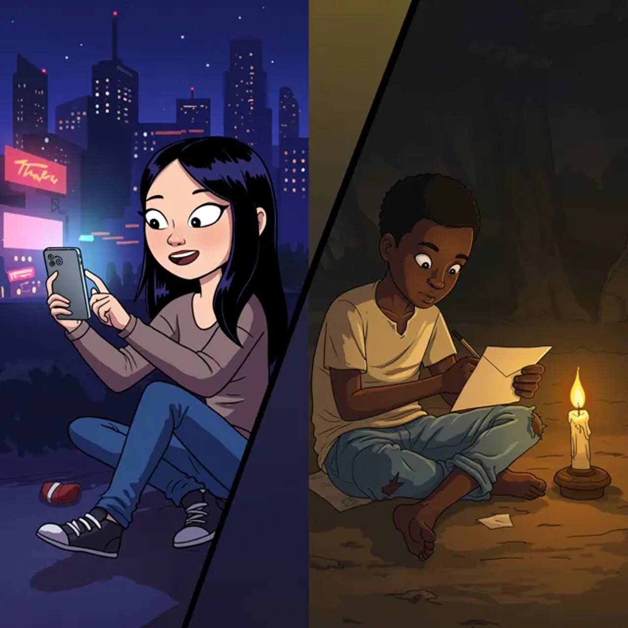 A split-screen showing a teenager's contrasting mode of expression in urban and rural locations.