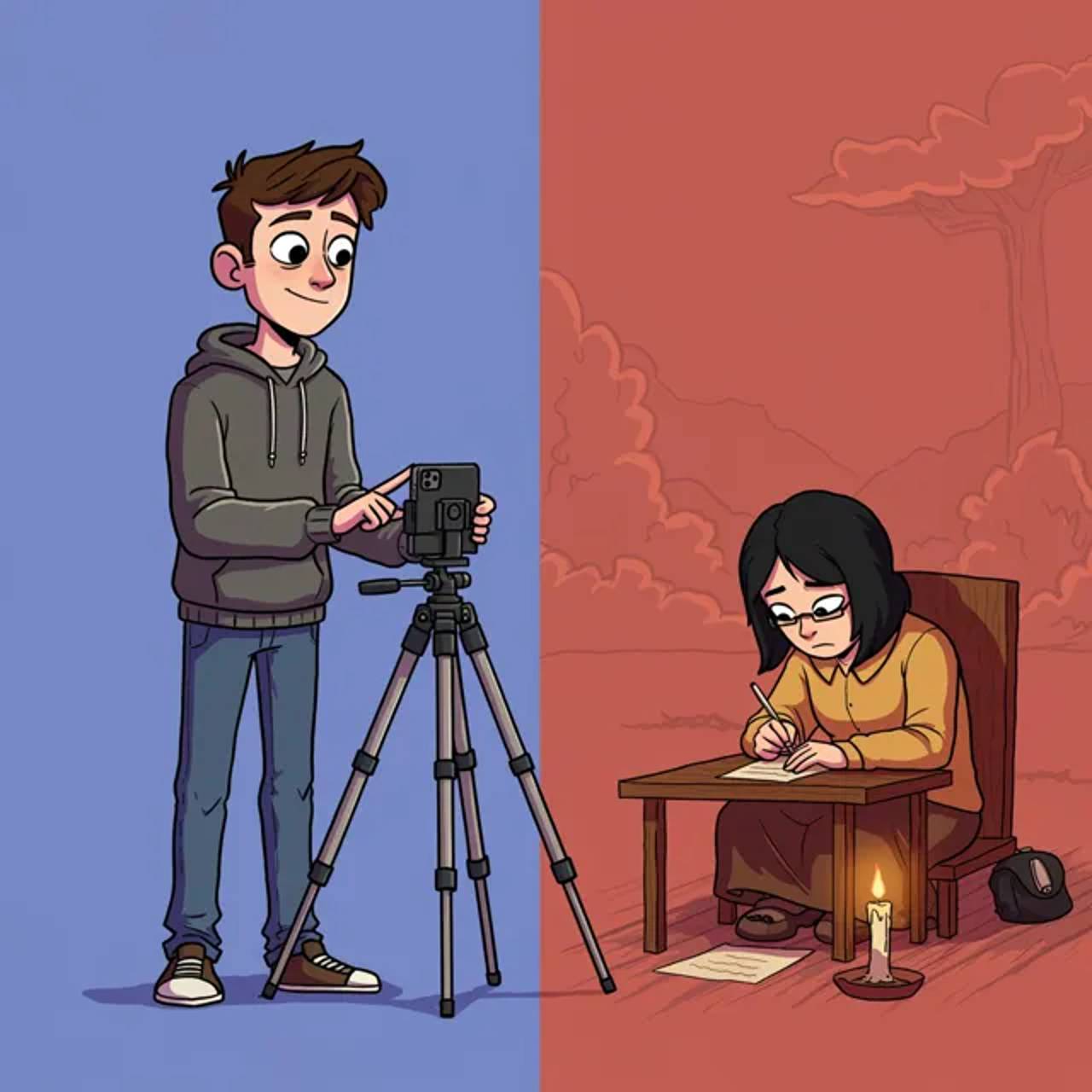 The split-screen contrasts a bustling city street with glowing storefronts and advertisements, where a teenager is live-streaming with a smartphone, against a rural dirt road under candlelight where another teenager writes a letter without electricity.