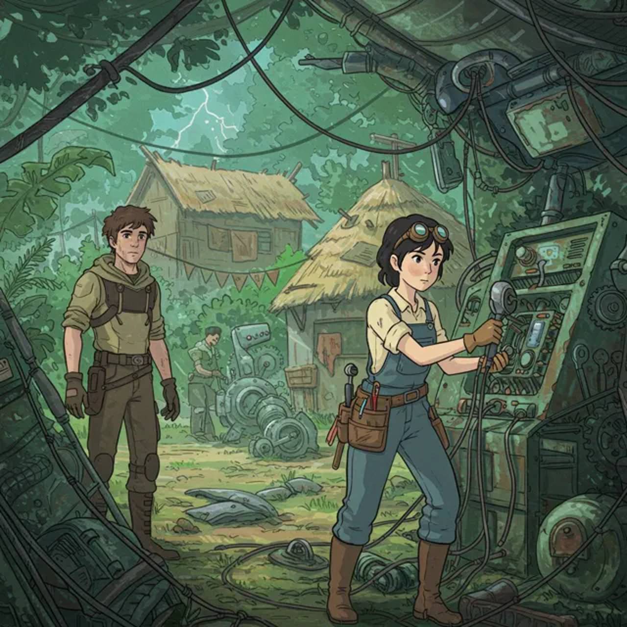 Noah meets Eri amidst remnants of ancient machinery within her settlement.