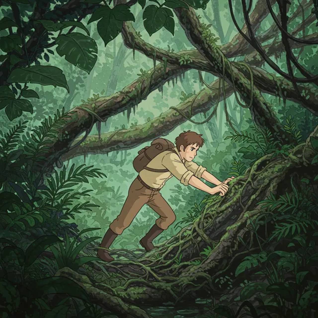 The protagonist struggles to move through the thick undergrowth.