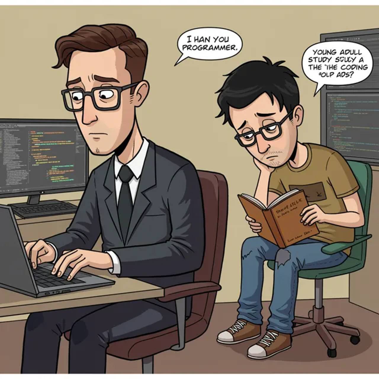 The urban side displays a sleek, modern office with multiple monitors glowing as a programmer codes efficiently. The rural side portrays a dimly lit room where a young adult studies coding from a borrowed, outdated book.