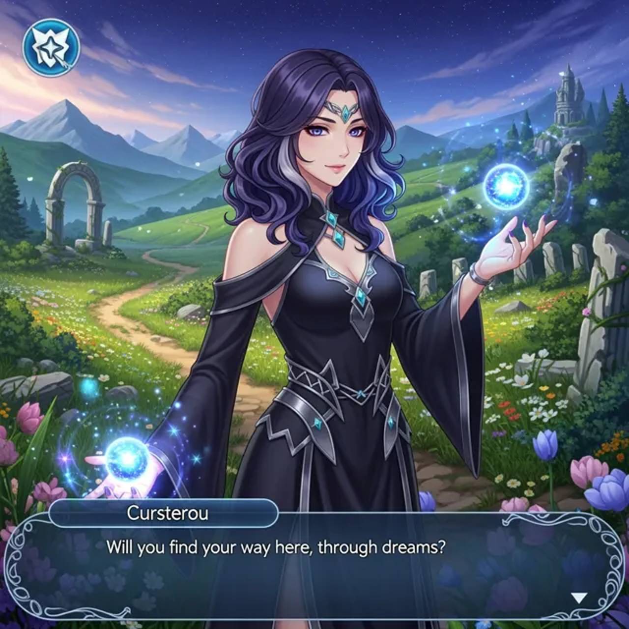 A mysterious heroine appears under a canopy of stars, her presence unsettling yet captivating the hero.