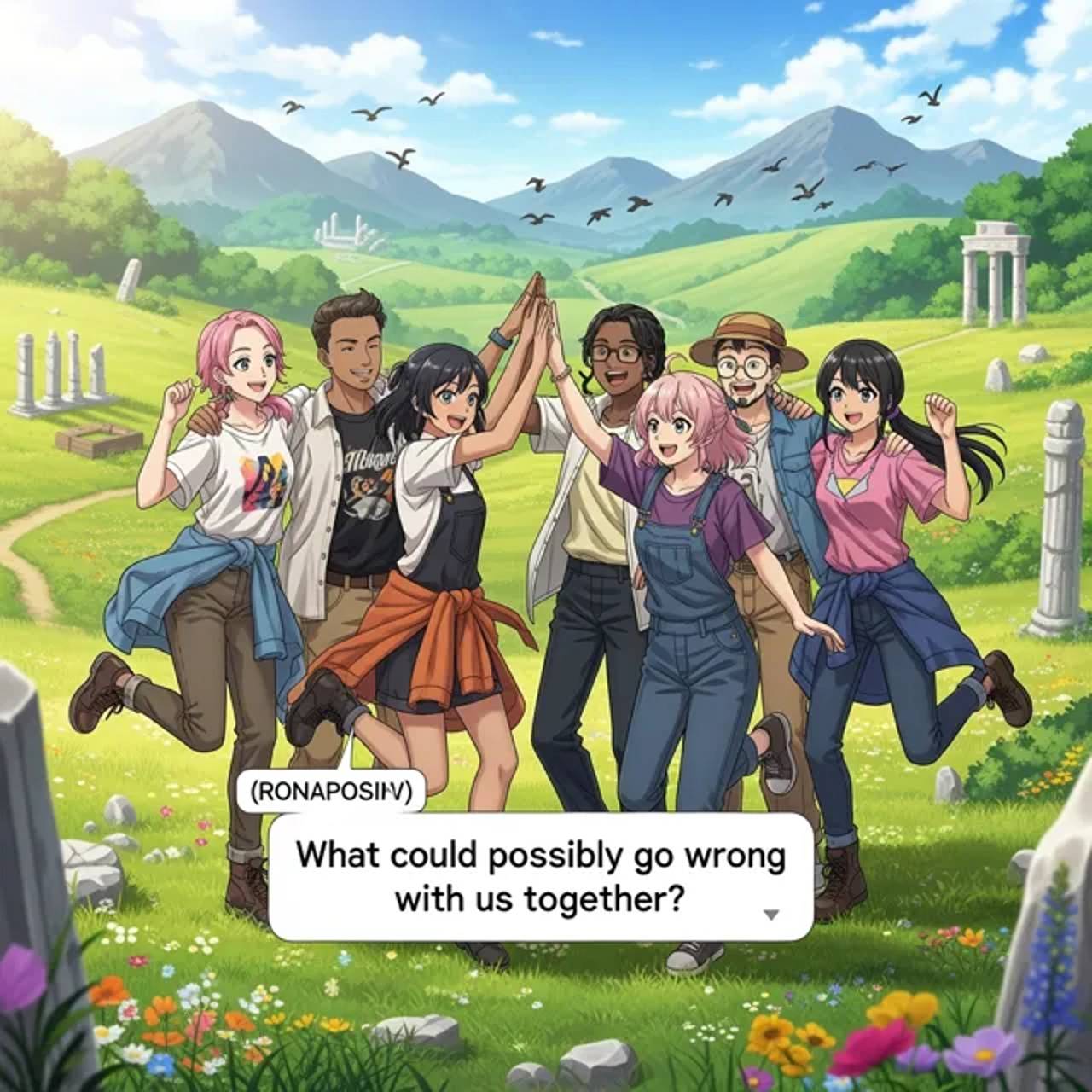 The group of friends gathers in a sun-filled meadow, sharing laughter and strengthening their camaraderie before the coming trials.