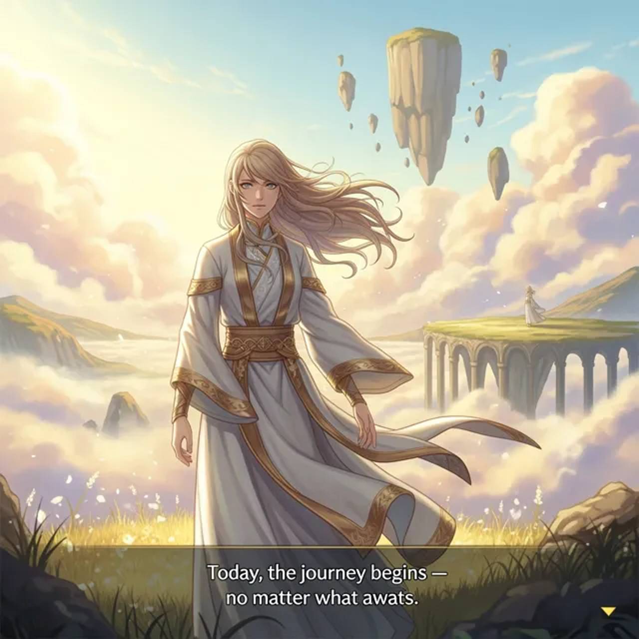 The lead hero faces an ethereal dawn, feeling both determined and uncertain as they resolve to begin their extraordinary journey.