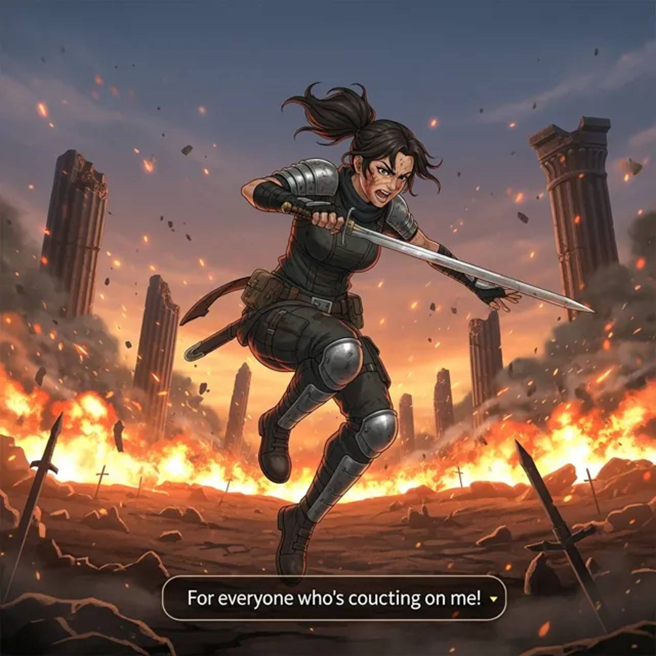 Danger surges in the climax: the main hero battles an overwhelming foe in the skies, wrestling with fear but fueled by courage.