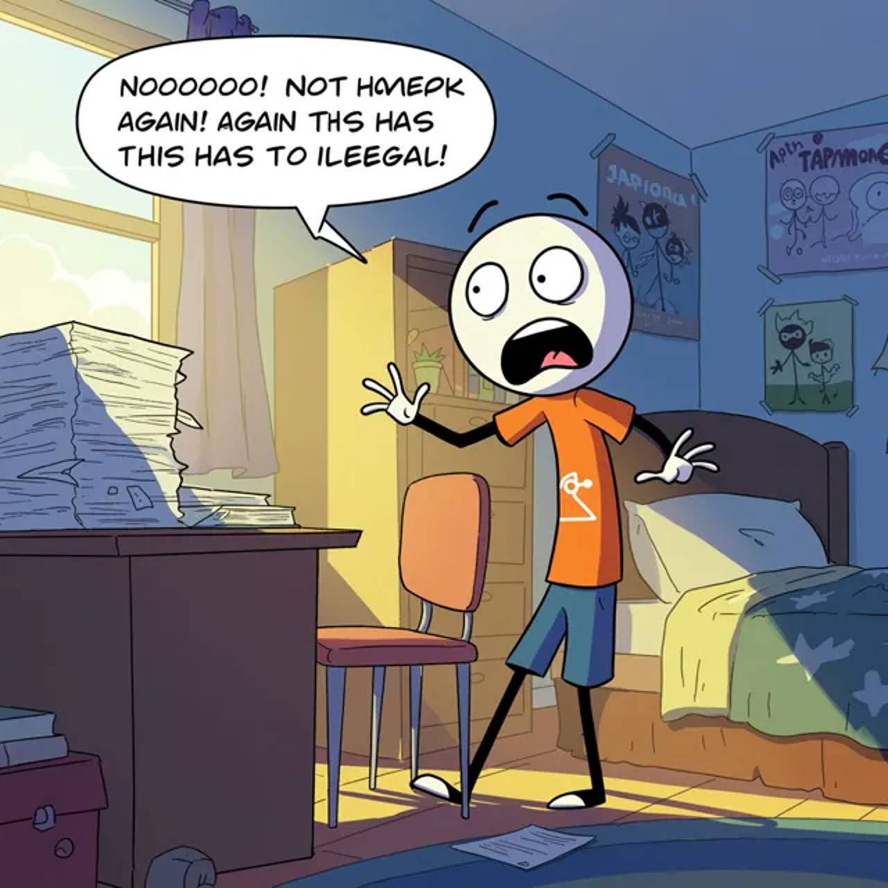 Homework explainer: a stick figure sees an assignment as a dramatic challenge, setting up a relatable classroom problem.