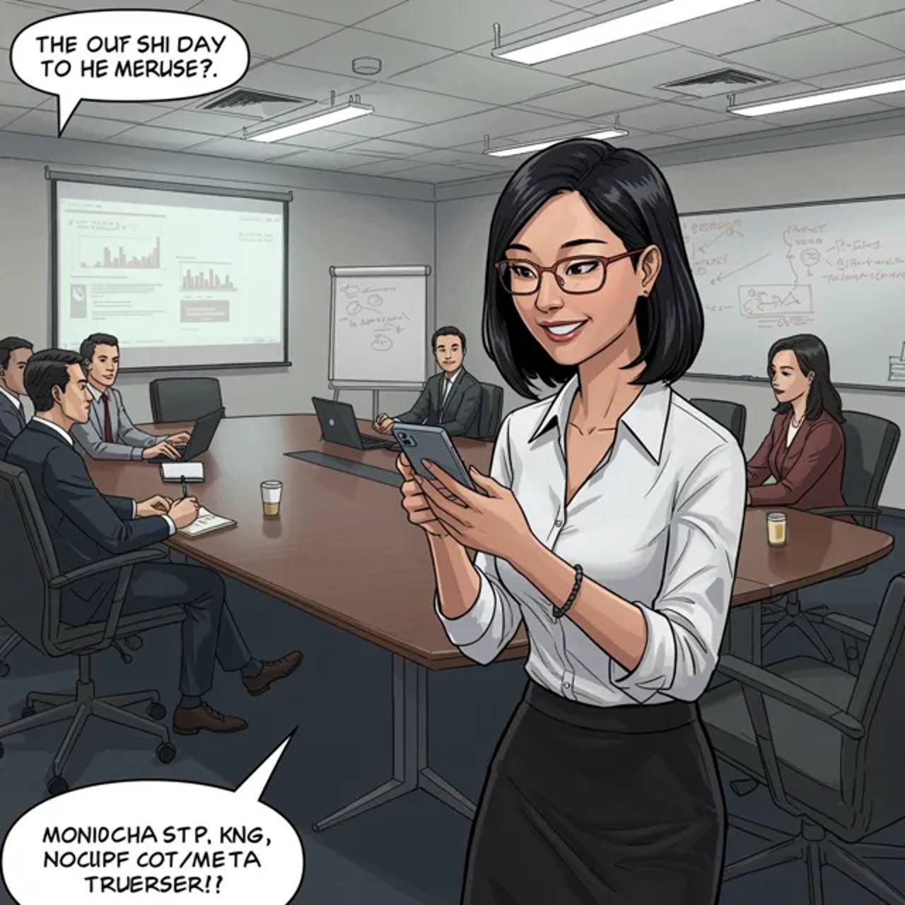 Monicha reads the email during the team meeting and bursts into uncontrollable laughter.