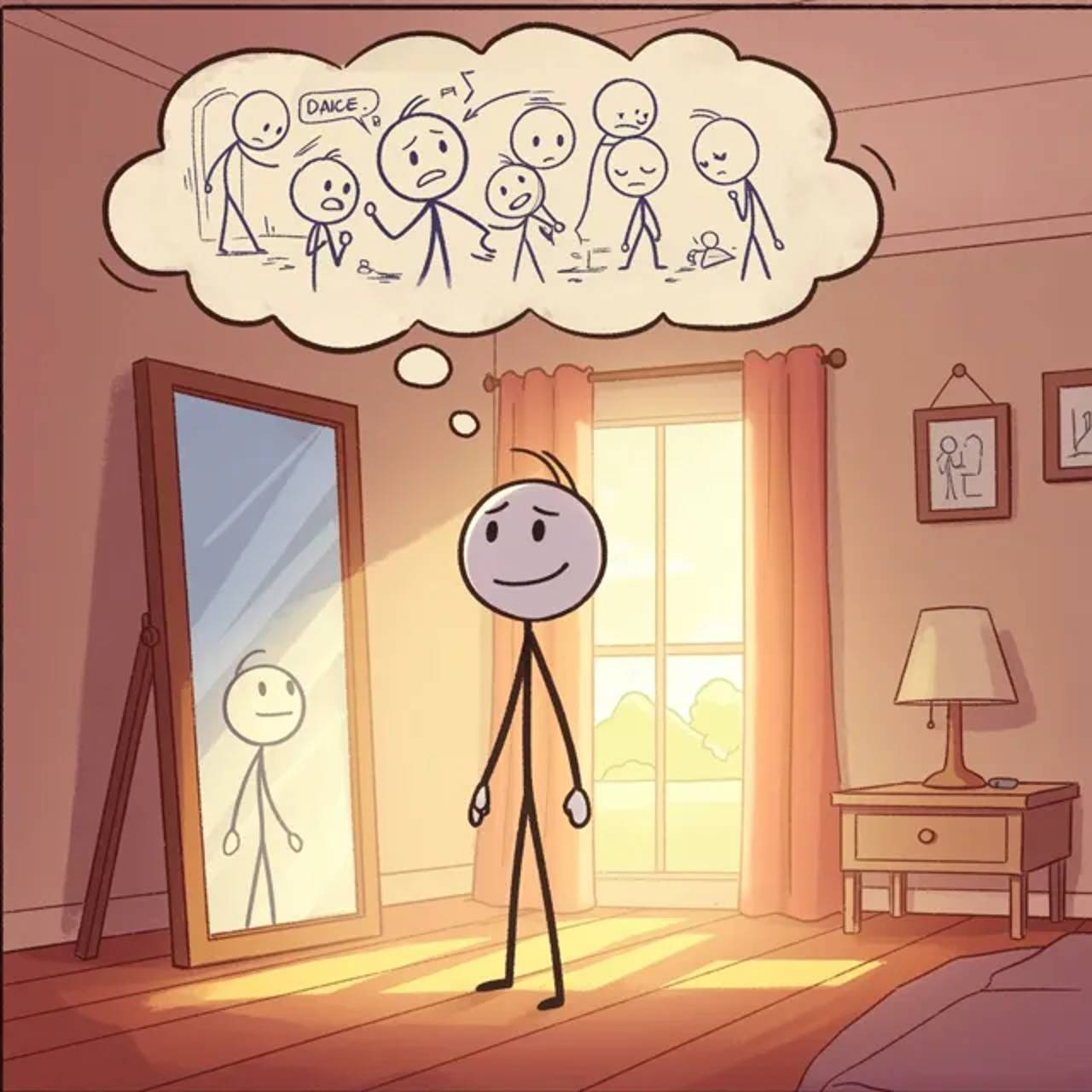 Resolution beat: the stick figure reflects on the journey, closing the comic with a clear takeaway.