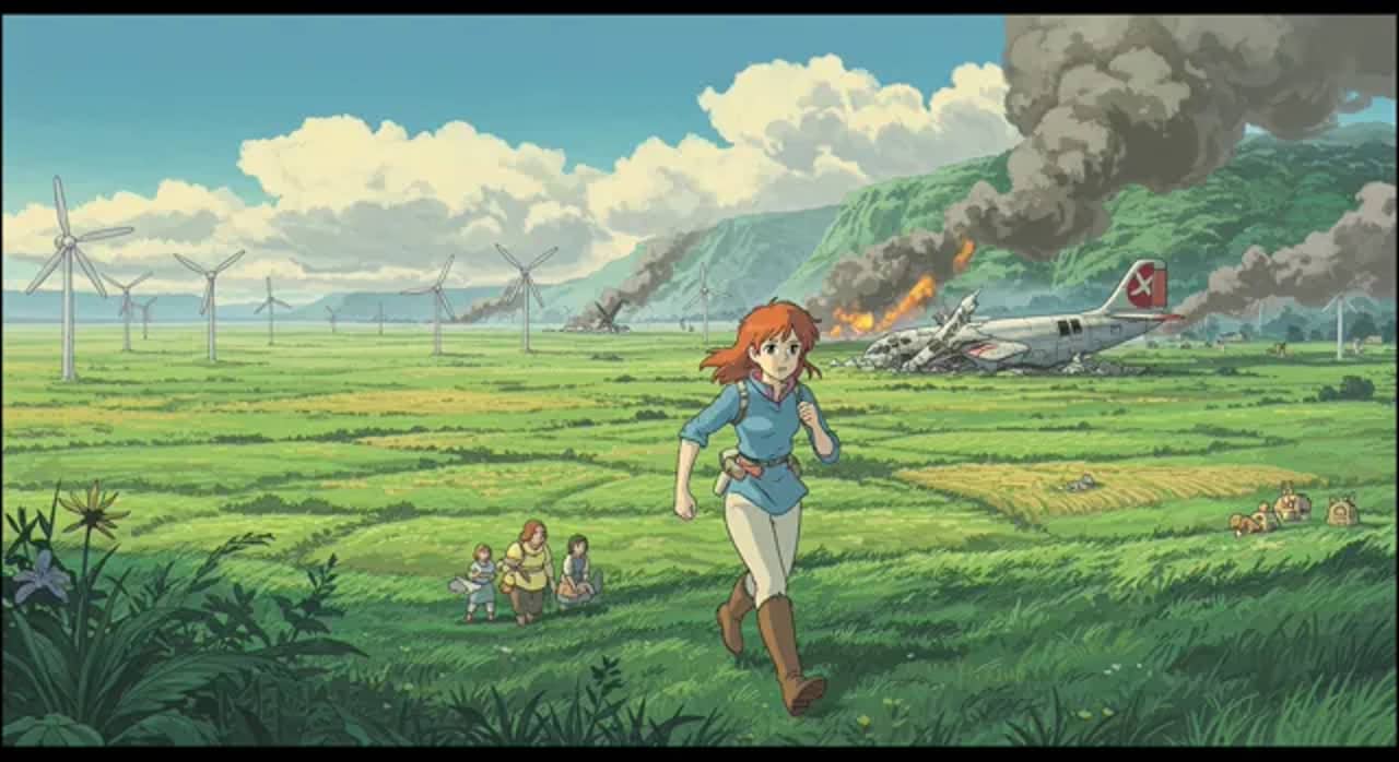 Nausicaä rescues her village from the aftermath of a Tolmekian aircraft crash.
