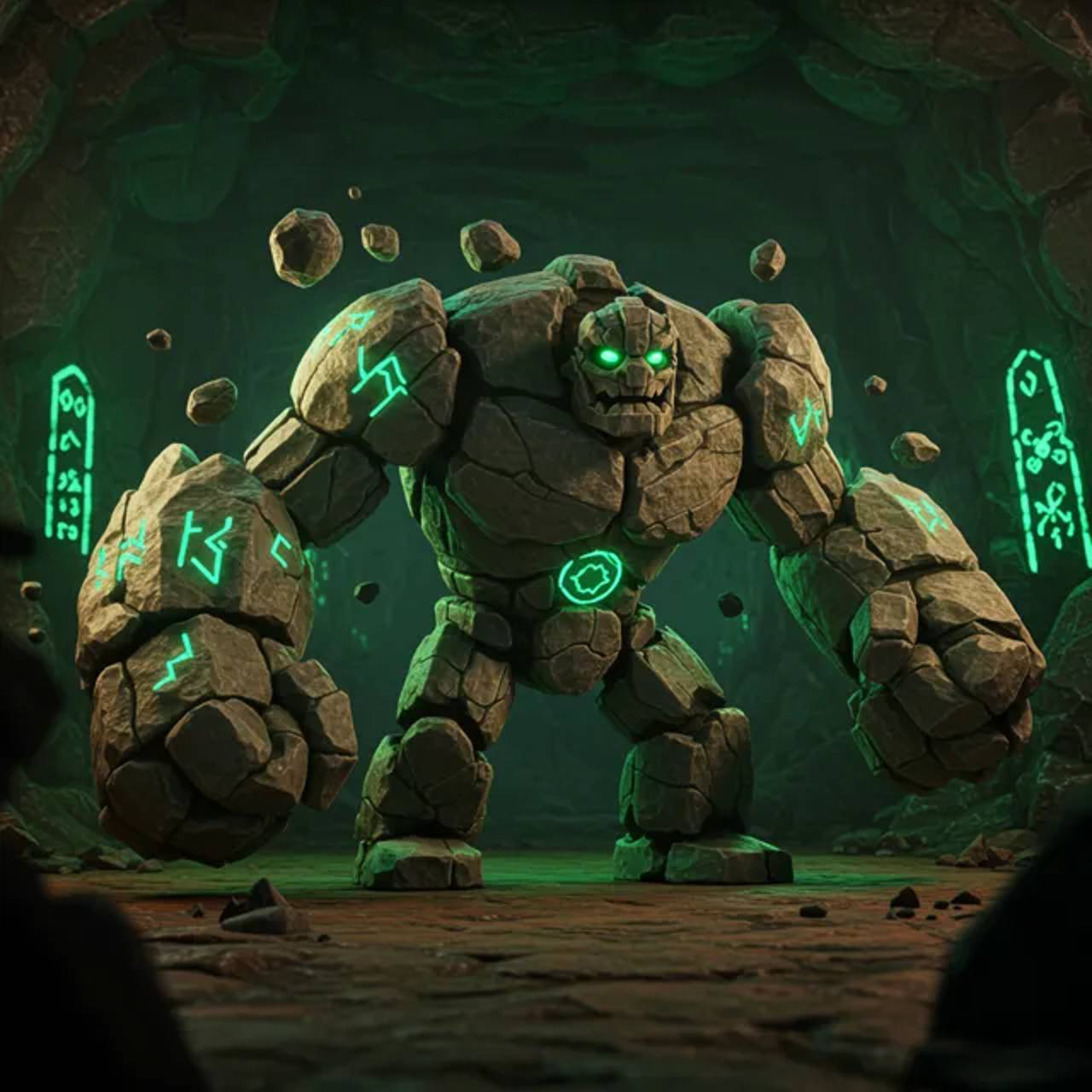 Stonebreaker Golem fights off shadow intruders in the mines.
