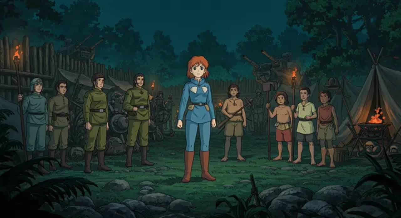 Nausicaä attempts to mediate between the Tolmekian soldiers and her people.