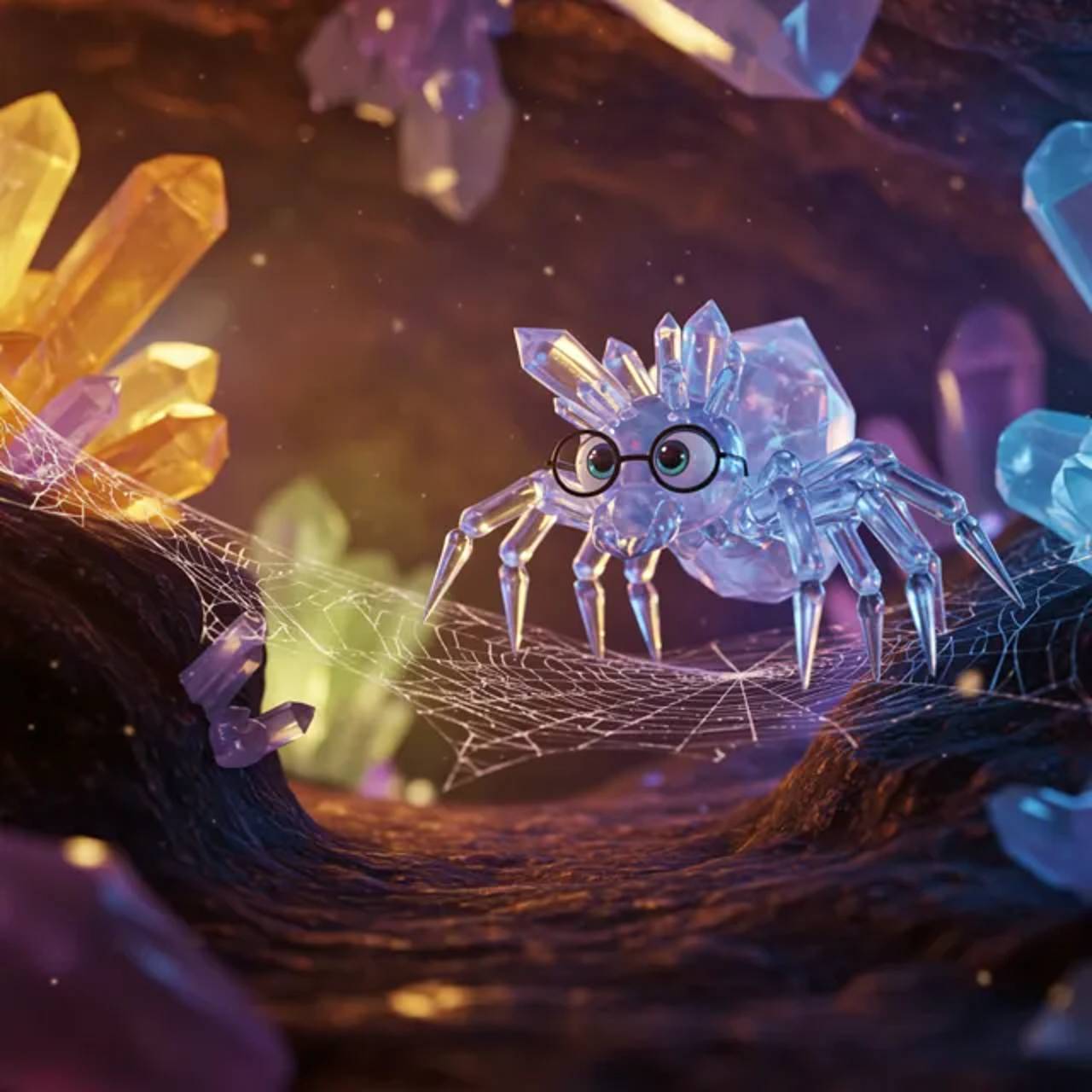 The protagonist ventures into a shimmering cave adorned with giant, intricate crystals. They unknowingly step into the intricate traps of the calculating Crystal Arachnid, who swiftly moves in to ensnare them.