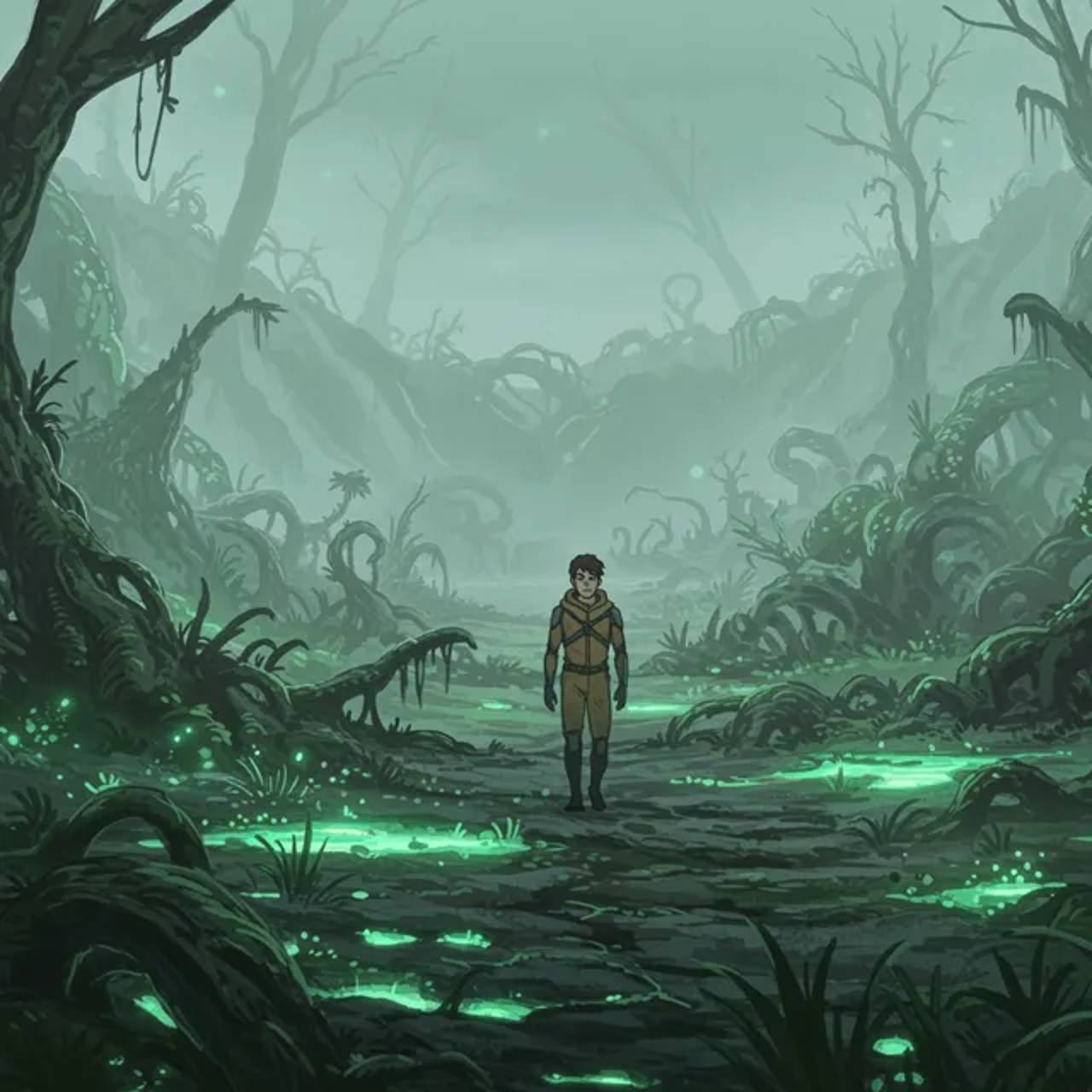 Noah ventures into a valley covered with distorted vegetation and toxic air currents.