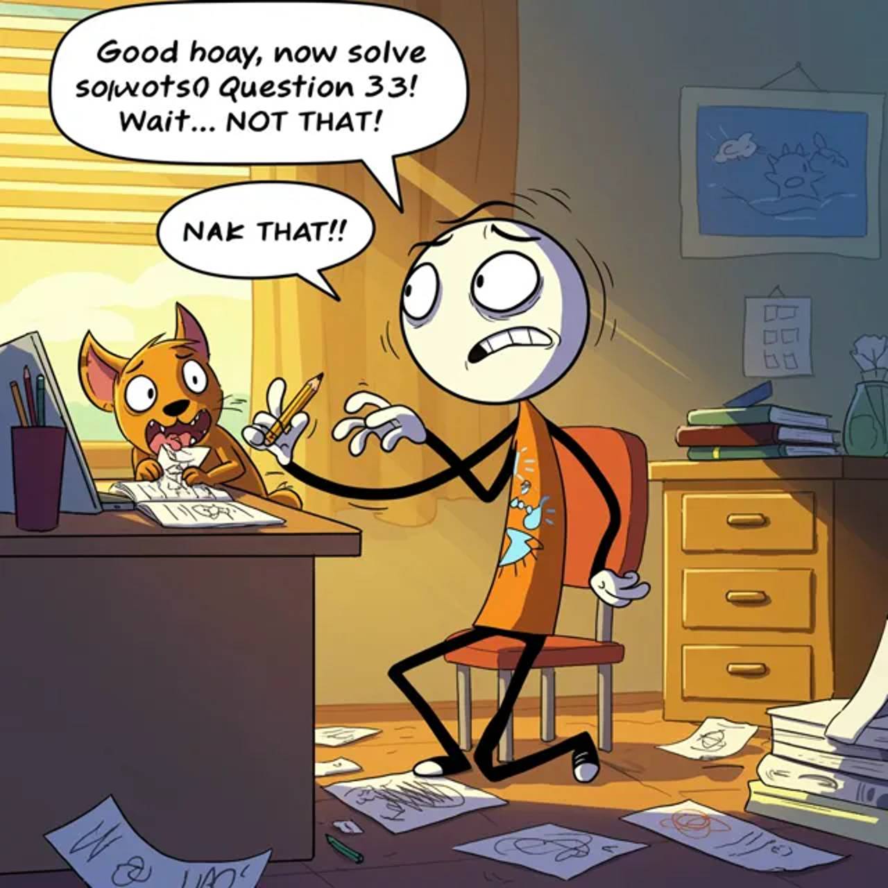 Absurd solution panel: the character trains a pet to do homework, turning procrastination into a memorable gag.
