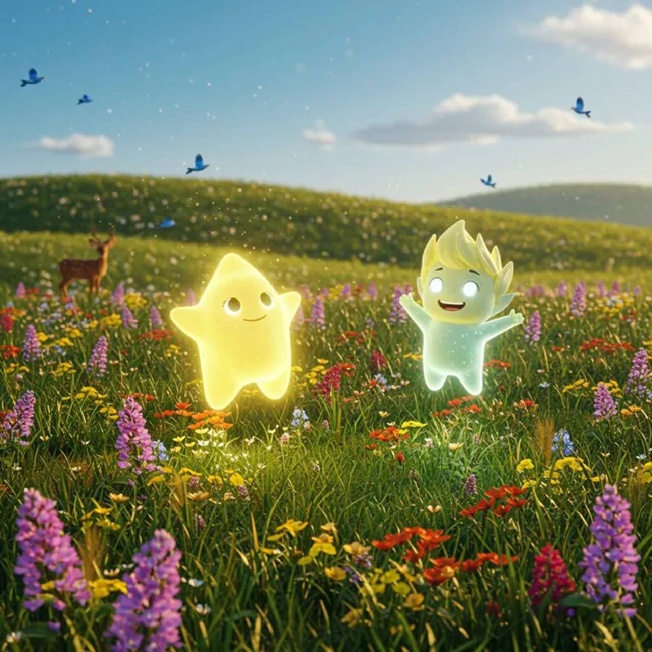 Introduction to the sparkling meadow and Lumi and Ray.