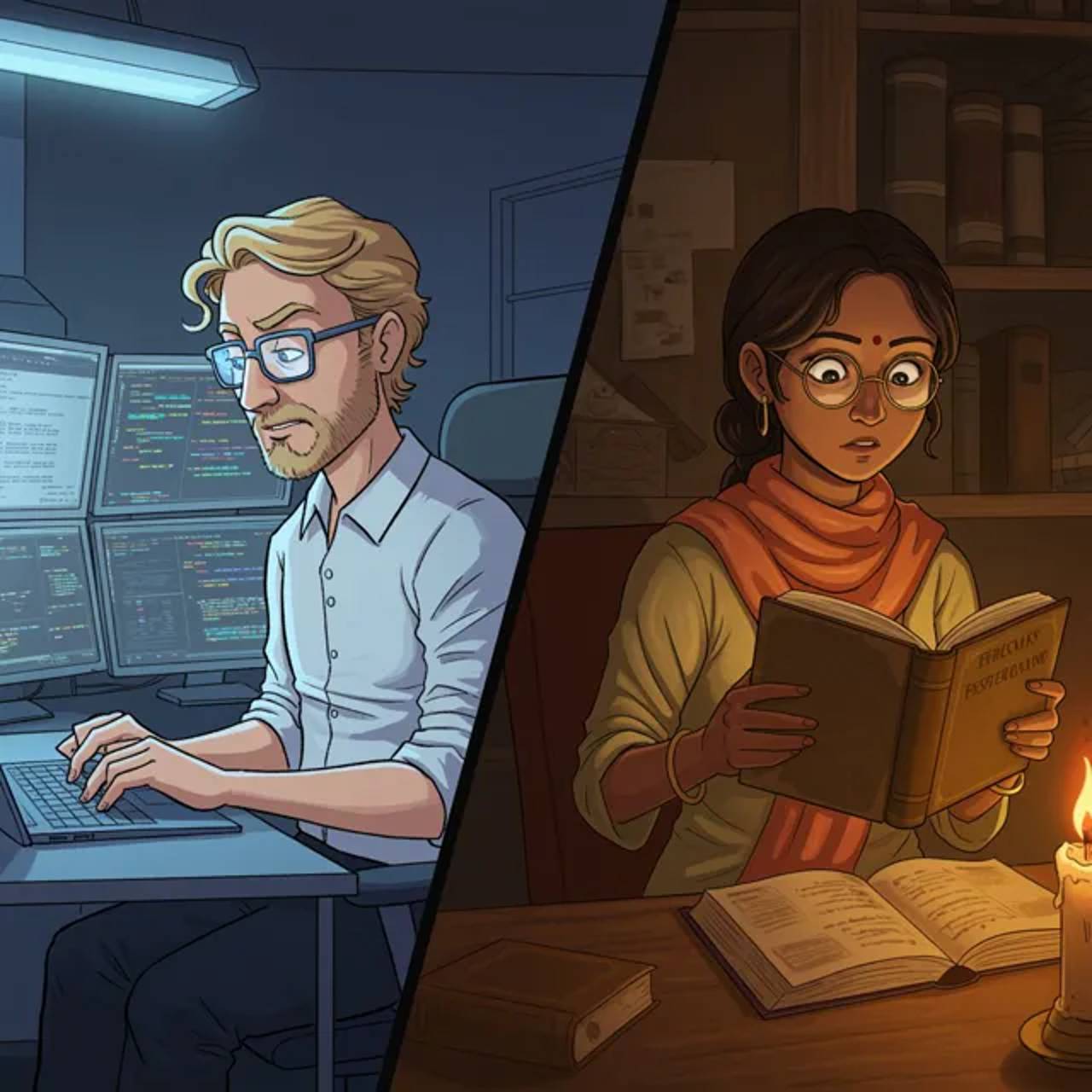 A split-screen highlighting a coder's different means to study programming.