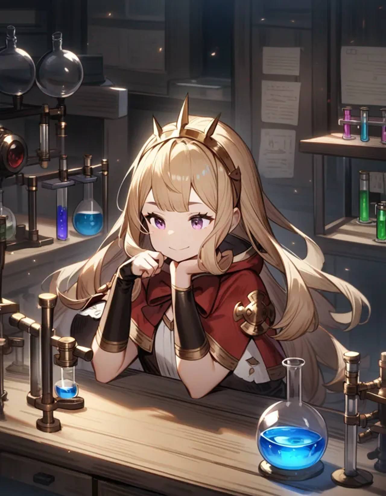1girl, cagliostro, granblue fantasy, violet eyes, standing, hand on own chin, looking at object, smile, closed mouth, table, beaker, glass tube, experiment apparatus, dark room, laboratory
