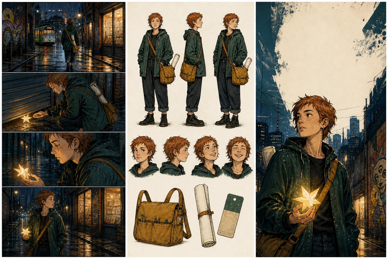 Triptych of an original Melbourne comic, character sheet and cover poster