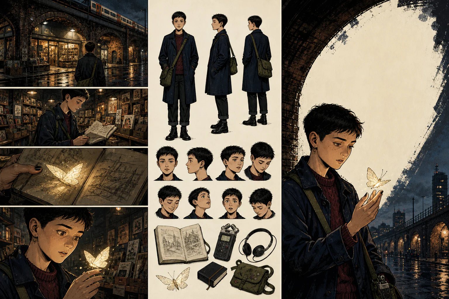 Triptych of an original London comic, character sheet and cover poster