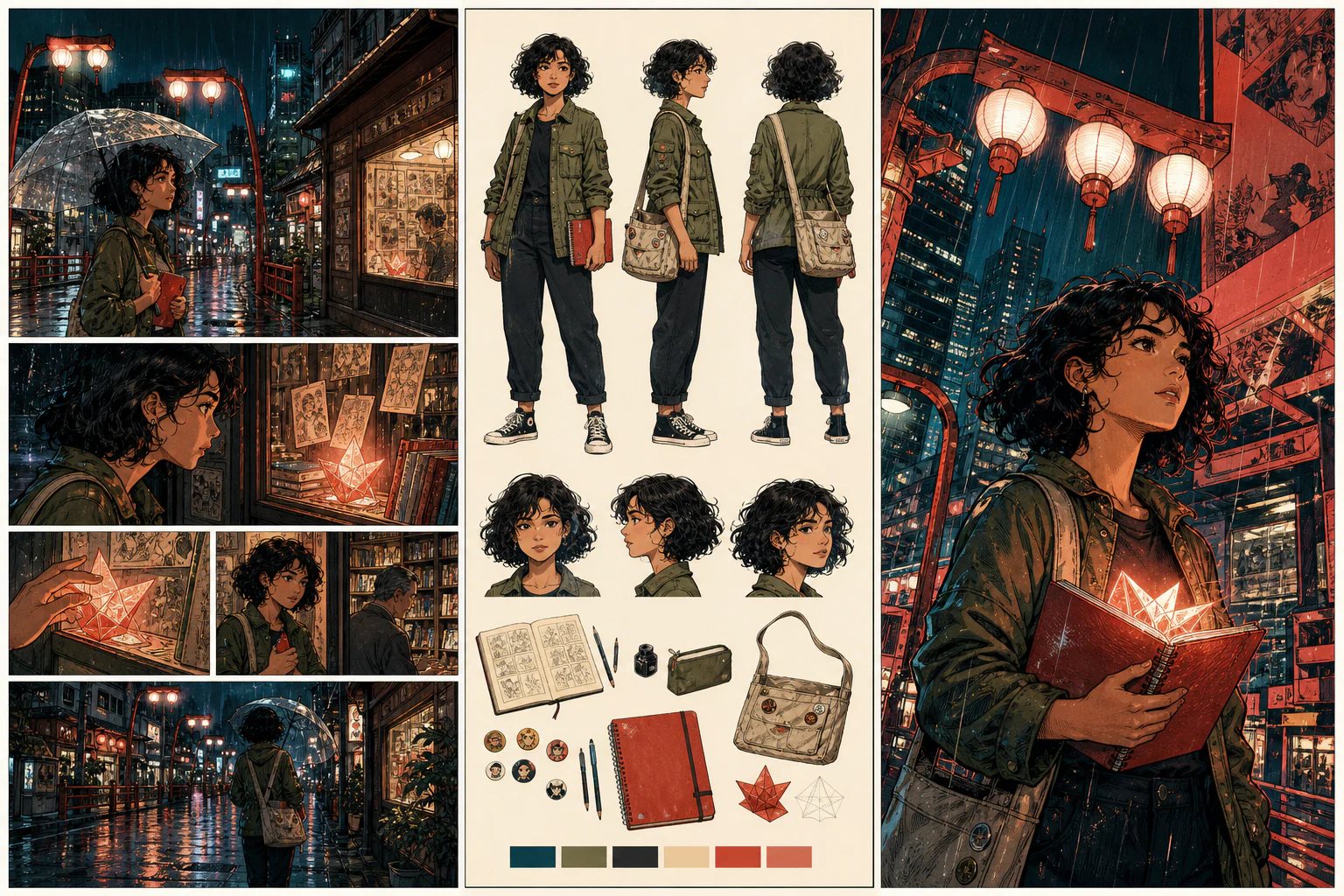 Tríptico com quadrinho personagem e capa originais ambientados na Liberdade em São Paulo