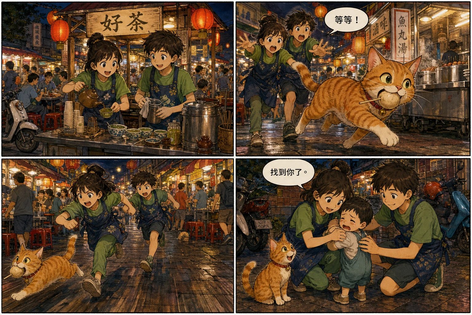 台灣夜市裡兄妹追著橘貓找到走失孩子的四格漫畫