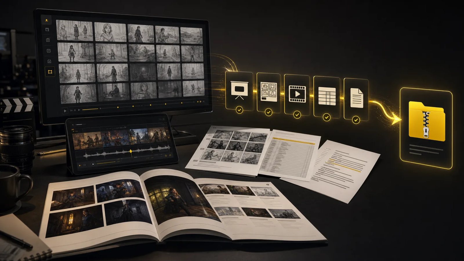 生成的故事板匯出套件，包含提案簡報、PDF、鏡頭表、animatic 與壓縮交接包
